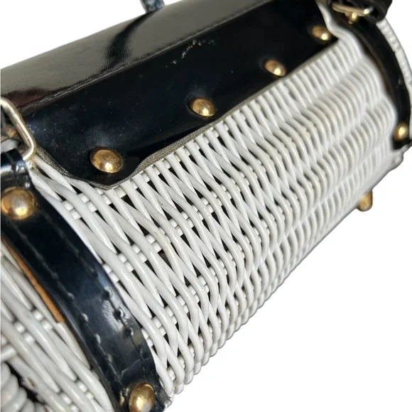 Woven White and Black Cylindrical Handbag - Picture 7 of 11